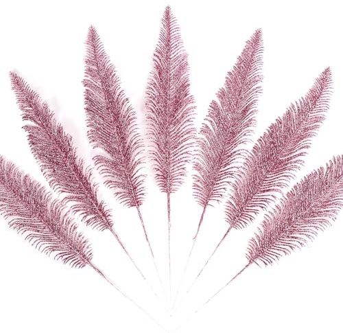 KKSTY Pack of 12 Artificial Glitter Feather False Leaves Christmas Tree Picks Sprays for Xmas Tree Carnival Party Decoration Festival Home Decor Flower Arrangment Vase Filler (Pink)