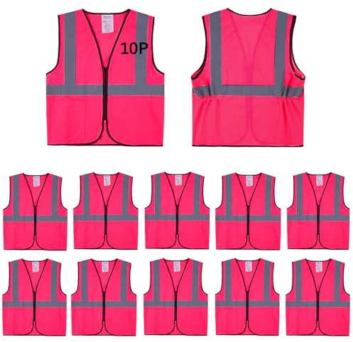 Lavori-AK Sicherheitswesten 10 Stück, gelb, hohe Sichtbarkeit, reflektierend, Klasse 2, Arbeitswesten für Männer, Frauen, Rosa, small to 2XL