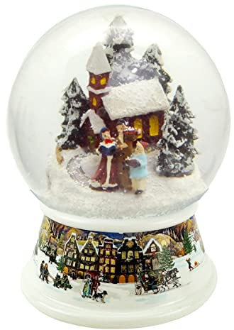Schneekugel Weihnachtsspaziergang * auf Sockel nostalgische Winterlandschaft Mittelblau Weihnachten Winter mit Spieluhr - 100mm breit * 20099