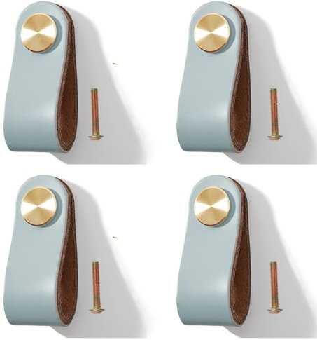 Yuaaoh Lederknöpfe Möbel 4 Stück Schubladenknöpfe aus Leder Schrankgriffe Lederschlaufen mit Schrauben Knöpfe Kommode Leder Schrank Ledergriffe für Wohnkultur, Möbelgriffe Einzelloch (Blau)