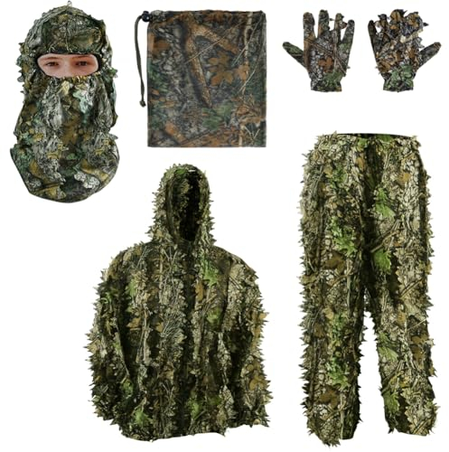 PELLOR 3D Ghillie Tarnanzug, Dschungel Ghillie Suit Woodland Camouflage Anzug Kleidung mit Camouflage Kappen Handschuhe für Jagd Verdeckt,6-teilig (S)