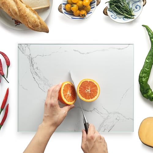 Planche à découper en verre 40x30cm - Planche à découper en verre, Planche de cuisine en verre, Hygiénique, décorative et résistante à la chaleur - Résistant aux rayures - Effet Marbre Blanc