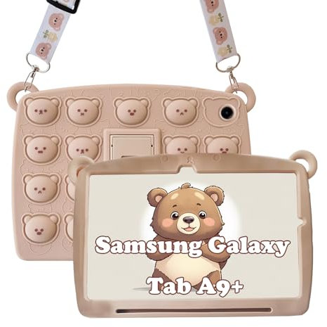 A-BEAUTY Coque Compatible avec Samsung Galaxy Tab A9+/A9 Plus 11 2023, Motif Amusant pour Enfants, Filles et Garçons, avec Porte-Stylo, Support, Bandoulière, Ours Marron