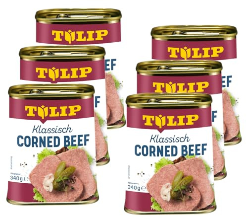 TULIP 6x Corned Beef 340 g | Klassisches Frühstücksfleisch in der Dose | Zartes gepökeltes Fleisch in der Konserve | Konservenfleisch mit 98% Rindfleisch