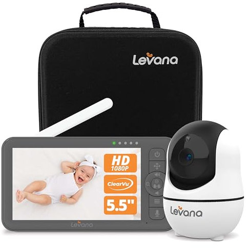 Levana Nala Video Baby Monitor No WiFi, Telecamera PTZ 1080P, Monitor 1080P da 5,5, visione notturna, portata 304,8 m, batteria 5000 mAh, custodia per il trasporto, 2 anni di garanzia