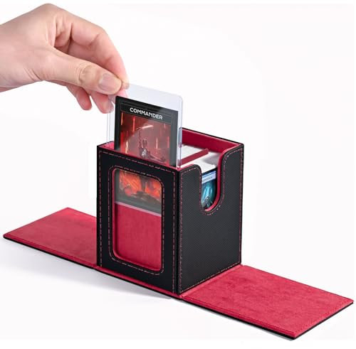 ZLCA MTG Deck Box with Magic Commander Window Display Trading Deck Case Hold 100 Double Sleeved Cards Baseball Card Storage Box is Suitable for CCG/EDH(Black&Red)
