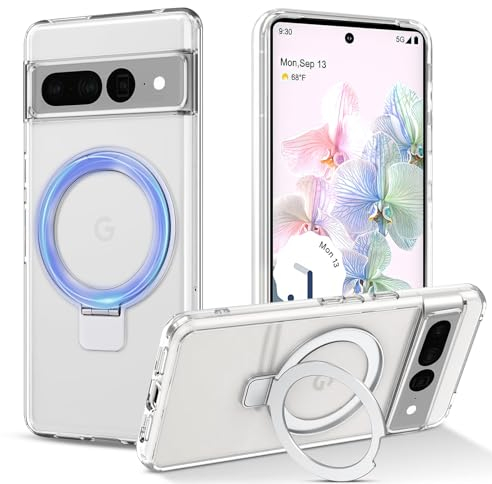 DiyGody Magnetisch Handyhülle für Google Pixel 7 Pro 6.7 Zoll mit Eingebetteter Ständer, Weich TPU Acryl Hybrid-Schutz Transparente Hülle mit 180° Ring Halter, Kompatibel mit Magnetische Autohalterung
