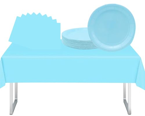 37Pcs Baby Blue Party Tableware Set with Plastic Baby Blue Table Cloth Party,Paper Party Plates and Napkins Serviettes for Baby Blue Party Supplies Decorations,Picnic,Halloween,Kids Birthday Party