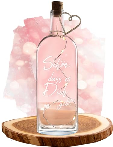 aquabook Flaschenlicht mit Spruch, Perfekte Geschenke für Frauen Geburtstag, Geschenk für Freundin und Lieblingsmensch, Deko Flaschen mit echtem Korken und 8 LEDs (Schön Dass Es Dich Gibt, Graviert)
