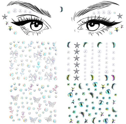 Sibba 4 Blatt Gesicht Glitzersteine Aufkleber Halloween Strass Edelsteine Temporäre Tattoos für Gesicht Augen Körper Nägel Selbstklebend Strasssteinen Kristalle Bling Rave Party Karneval Geschenk
