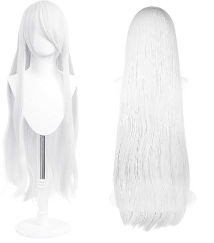 UTIEHD 100cm Long Silver White Straight Wig, Universal Anime Costume Wig | Heat-resistant synthetic fiber for halloween parties anime cosplay, Includes 2 wig caps, Versatile styling.