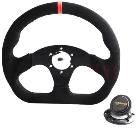 ZiYouao Sportlenkrad Racing Drift Flaches Lenkrad, 330 mm, 13 Zoll, Wildleder, Schwarze Nähte, Lenkrad Holzlenkrad(MS-BK-Red)