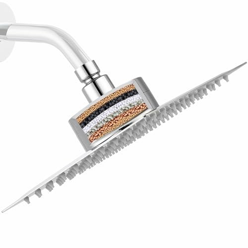 Katezon Soffione Doccia Filtrante, Soffione Doccia ad Alta Pressione Con Filtro Per Acqua Dura Rimuove Cloro e Sostanze Nocive, Soffione Doccia a Pioggia Quadrato da 25cm (Cromo)