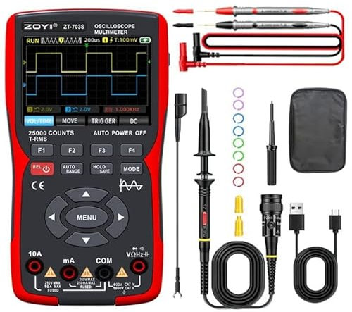 ZOYI Oscilloscope Multimeter Signal Generator 50 MHz Dual‑Channel, 280 MSa/s + 25,000‑Count True RMS Auto‑Ranging Multimeter, Rechargeable, 3.5″ Colour Display, CAT IV (ZT‑703S)