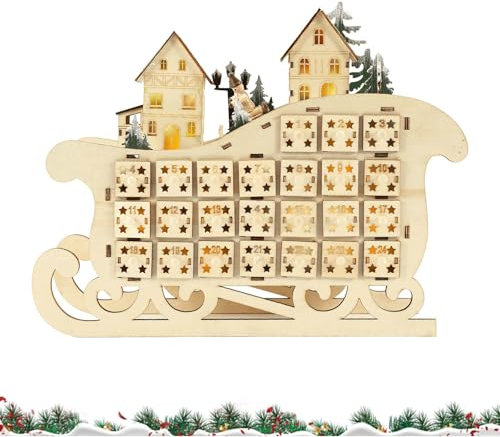 Calendario dell'avvento natalizio in legno con 24 cassetti illuminati a LED, calendario dell'avvento con musica, calendario dell'avvento vuoto da riempire con conto alla rovescia per bambini,