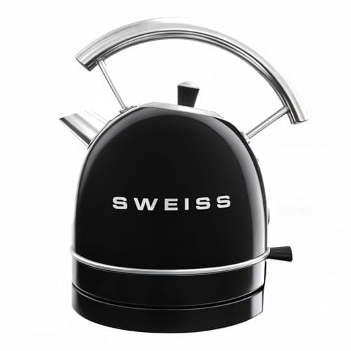 SWEISS Bollitore elettrico vintage KTL9, 1,8L, acciaio inox, pratico, compatto, 2200W, Ebollizione rapida, Livello dell'acqua visibile e graduato, Spegnimento automatico, Base 360°, Nero