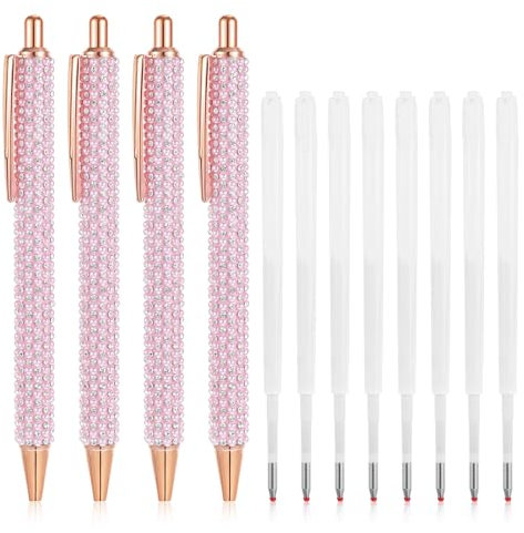 Bremorou 4 Stück Kugelschreiber Nachfüllbar Glitzer, Kugelschreiber Mädchen, Metallstifte, mit Strasssteinen, Schöne für Frauen, Metallkugelschreiber Einziehbare, für Büro mit 8 Minen