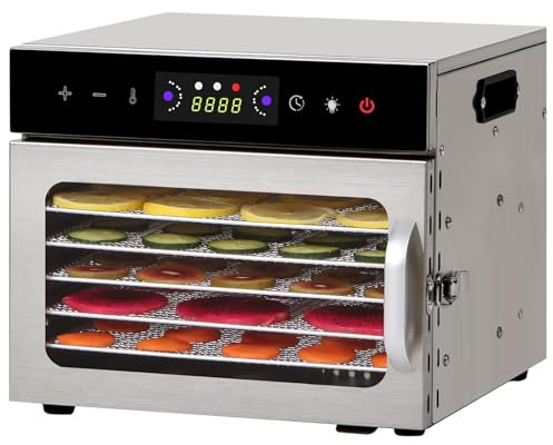 PRMTYUP Dehydrator Machine for Jerky, Stainless Steel Food Dehydrator, Dehydrators with Adjustable Timer And Temperature, for Fruits, Meat,Silver,6 Trays