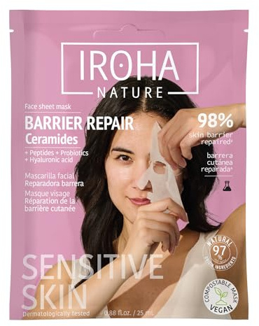IROHA NATURE - Gesichtsmaske Barriere Ceramide & Peptide | vegan, 97 % natürliche Inhaltsstoffe, 100 % kompostierbares Gewebe