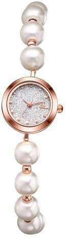 JewelryWe Damenuhr Klein Perlen Uhr: Elegant Perlenuhr Analog Quarz Armbanduhr Damen Verstellbar Schmales Legierung Perlenarmband Ultradünne Uhr mit Sandgestrahlt Zifferblatt
