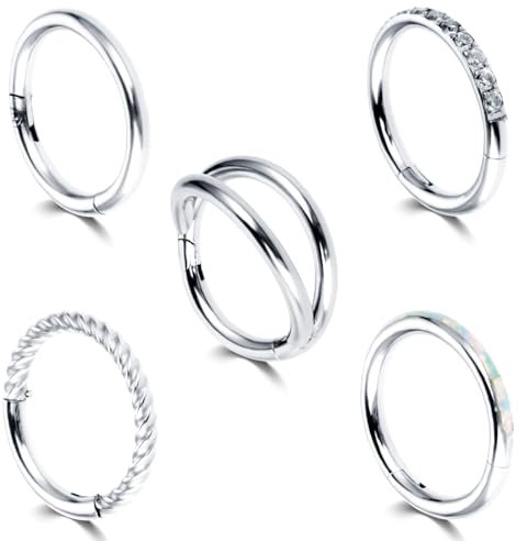 Lusofie 5Pcs 16G Hinged Nose Rings Silver Nose Rings Hoops Septum Ring Clicker CZ Tragus Cartilage Double Nose Ring Nose Body Piercing Jewelry for Women Men(10MM)