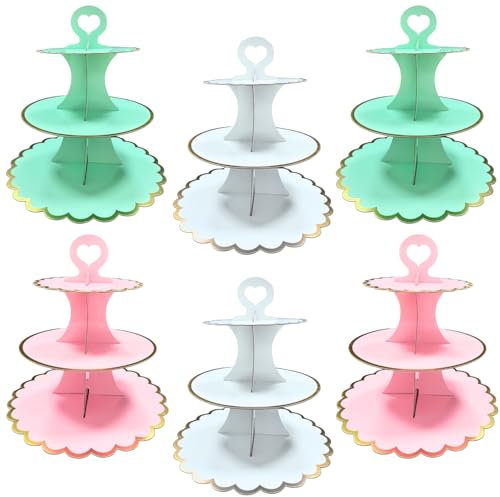UKoosien 6 Pack Multicolor Cardboard Cake Stand 3 Tier, Afternoon Tea Stands for Wedding Baby Shower Birthday Party, Round Dessert Tower Display (white and pink green)