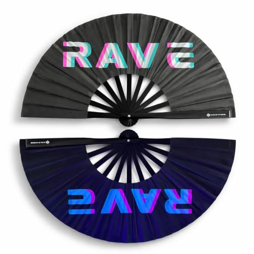 Generisch Handfächer Rave - XXL Handfächer - Glow in the Dark- Hand fan – Das Must-Have Accessoire für Rave Techno und Festivals: Fächer Stabil Bambus Holz Schwarz Faltbar und Groß (33cm)