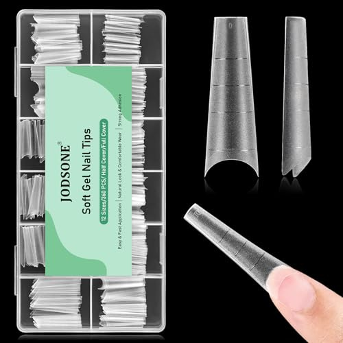 JODSONE Long Coffin Nail Tips Soft Gel Matte Half Cover Clear Gelly Press on Flase Nail Tips for Extension Nail Manicure 12 Sizes 360Pcs