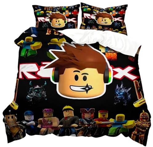 PfirstDa Roblx Bettwäsche Einzelbett Set 3 Teilig, Rblox Bettwäsche 135x200 cm mit Reißverschluss und 2 Kissenbezügen50x75 cm, 3D Druck ＆ Cartoon Design, Ideal für Schlafsaal Schlafzimmer