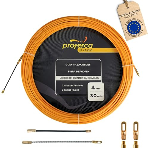 Guia Pasacables Profesional de 4mm y 30 Metros de fibra de vidrio reforzada | Pasacables Electrico con Terminales Intercambiables, Accesorios Incluidos, Especial Rectas y Techos