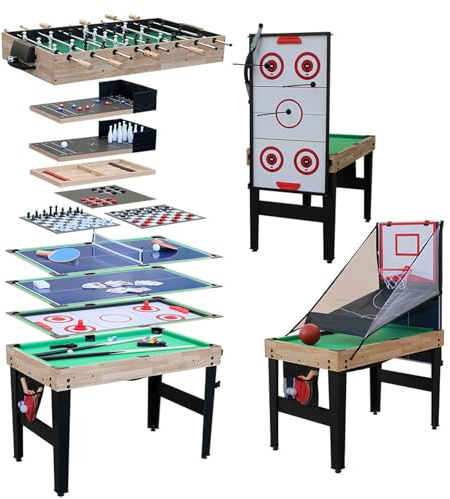 13-in-1-Multispieltisch, Billardtisch, Tischtennis, Tischfußball, Airhockey und Basketball, umwandelbarer All-in-One-Spieltisch mit Bällen, Schlägern und Zubehör für Familienspielzimmer