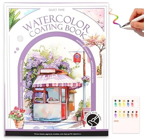 Livre de Coloriage Aquarelle pour Adulte, NANASUGUR Livres de Coloration Kit de Peinture Aquarelle Livre de Coloriage avec Peintures à l'eau avec 12 Couleurs d'eau