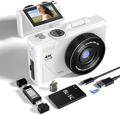 4K Digital Camera, 64MP Compact Cameras with Flip Screen & Anti-Shake - 18X Digital Zoom Point and Shoot Camara with 32GB Micro SD Card for Beginners Teens Adults Vlogging