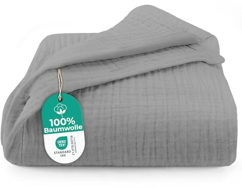 Dreamzie - Musselin Tagesdecke 127x177 cm - 100% Baumwolle | Hellgrau · Atmungsaktiv & Weich · Leichte Kuscheldecke · Bett & Couchüberwurf · Oeko-Tex