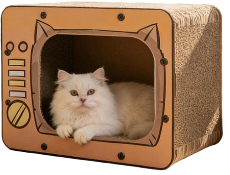 Cardboard Cat House, TV Shape Corrugated Bed, Indoor Scratcher Cat House, Furniture Protector, Enrichment Play, Boredom Relief, Kitten Bunny Hamster Small Animals, 40x22x31cm, Recommended for Cats Und