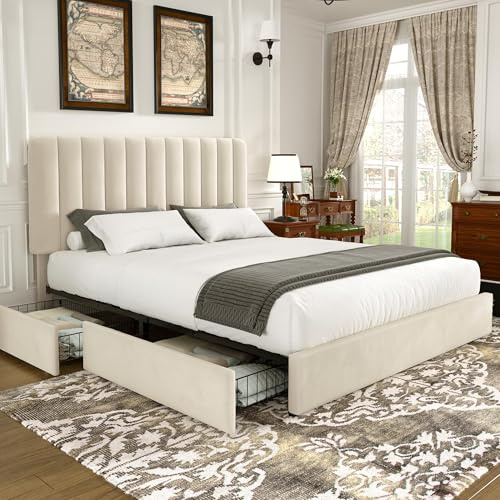 VECELO Lit Double Rembourré 160 x 200 cm avec 4 Tiroirs et Tête de Lit Réglable, Cadre de Lit en Velours, Support à Lattes en Bois Solide, Facile à Assembler, Beige