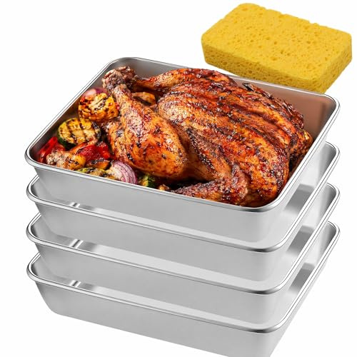 4 Pcs Deep Baking Sheet Pan, 26x18.5x6.5cm Stainless Steel Baking Tray Set | Rectangle with Cleaning Sponge Deep Cake Tin for Oven Cooking Serving Brownie Lasagne Healthy Non Toxic Dishwasher Safe