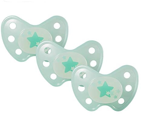dentistar Night Silikon Schnuller 3er-Set - Größe 3, ab 14 Monate - Glow in the Dark Nuckel mit Dentalstufe – BPA-frei – Made in Germany - Stern, Türkis