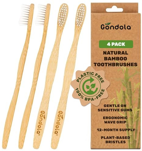 Gondola Natürliche Bambus Zahnbürste Weiche Borsten im 4er-Pack Erwachsene Zahnbürsten Aus antibakteriellem Bambusgriff biologisch abbaubare Packung 100% vegane BPA-freie Ökologie