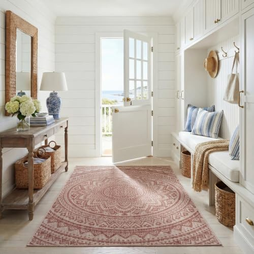 SAFAVIEH Zeitgenössische Teppich für Wohnzimmer, Esszimmer, Schlafzimmer - Courtyard Collection, Kurzer Flor, Hellbeige und Terrakotta, 201 X 290 cm