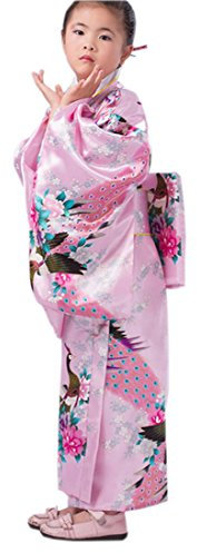 XueXian(TM) Filles Kimonos Robe Traditionnelle Kimono Japonais Impression de Fleurs et Paons en Polyester(10-11 ans,rose)