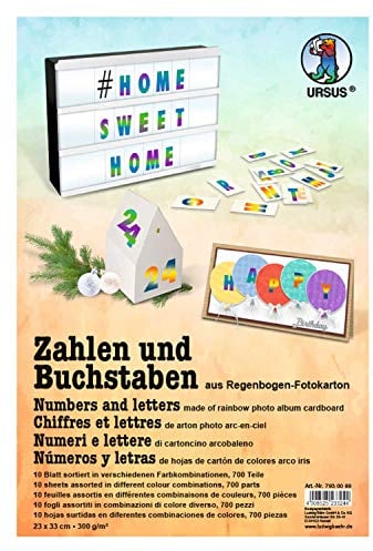 Ursus 7930099 - Zahlen und Buchstaben, Regenbogenfarben, aus Fotokarton 300 g/qm, 10 Blatt mit 700 Teile, in 3 Farbkombinationen, Motiv ca. 3 cm, vorgestanzt, ideal zum Verzieren von Gegenständen