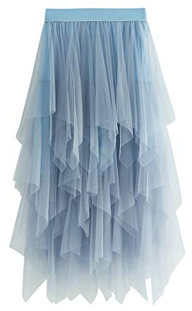 Geagodelia Tüllrock Damen Mädchen Elegant Weich Knielang/Lang Sommerrock Vintage Tütü Rüschen Tüll Rock One Size 36/38/40 F-47737 (Blau)