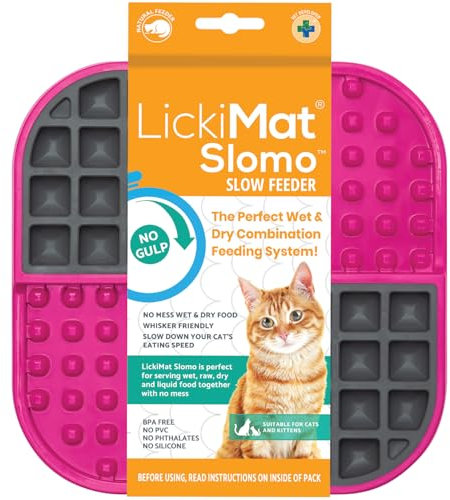 Lickimat Slomo, Cat Slow Feeder for Feline Boredom and Anxiety Reduction; Perfect for Food, Treats, Yogurt, or Peanut Butter. Fun Alternative to a Slow Feed Cat Bowl or Dish, Pink