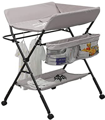 Ansley&HosHo Baby Changing Table Foldable with Unit Storage Bags, Mobile Infant Newborn Diaper Care Station Table Massage Table with Wheels Space-Saving (Grey)