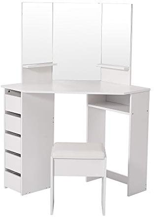 Panana Corner Dressing Table with Mirror, Makeup Table Set with Cushioned Stool Storage 5 Drawers Shelves Cosmetic Vanity Dresser Desk for Bedroom Home White