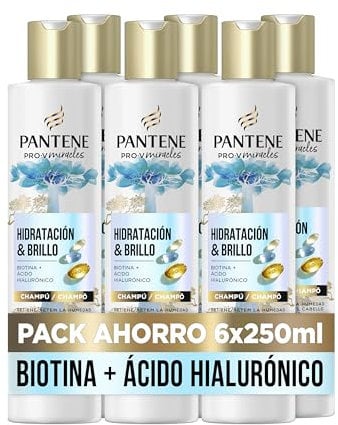 Pantene Pro-V Miracles Hidratación y Brillo Champú con Biotina 250ml x6 para Pelo Seco y Dañado, con Ácido Hialurónico que Aporta Hidratación. Hidratante con Vitamina B5