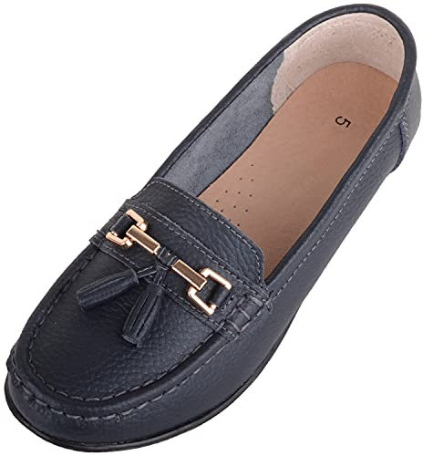 ABSOLUTE FOOTWEAR Womens Slip On Casual Leather Loafer/Deck/Boat Shoes/Sandals - Navy - UK 7