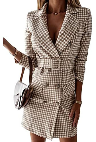 ORANDESIGNE Robe Blazer à Carreaux pour Femmes Robe Moulante Sexy Slim Fit Mini Robes Élégante Manches Longues Double Boutonnage de Soirée B Kaki L