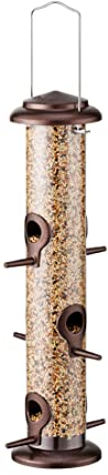 iBorn Metal Bird Feeder 6 Ports Hanging Wild Bird Feeder Bird Feeders Hanging Sunflower Heart Feed Column Feed Silo for Birds Coffee 14 Inch 6 Port